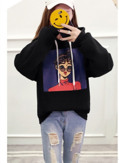 Áo hoodie nỉ thun dày nón màu đen in hình cô gái size 2XL