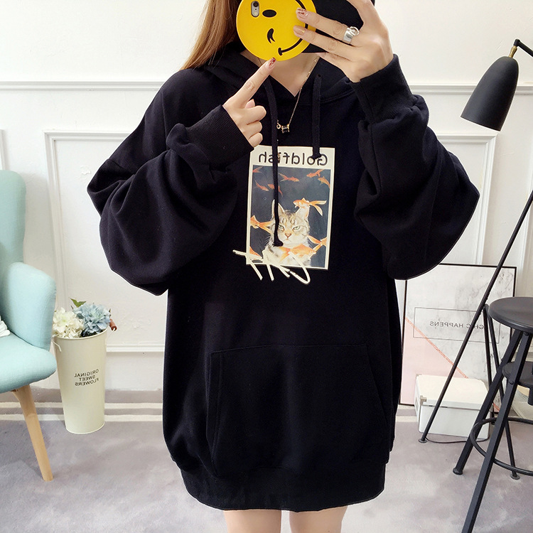 Áo hoodie thun nón màu đen in hình mèo Goldfish size 2XL