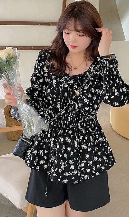 Áo nhung gân đen in hoa W741 size 5XL