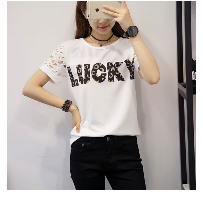 Áo thun màu trắng tay ren in chữ Lucky size 4XL