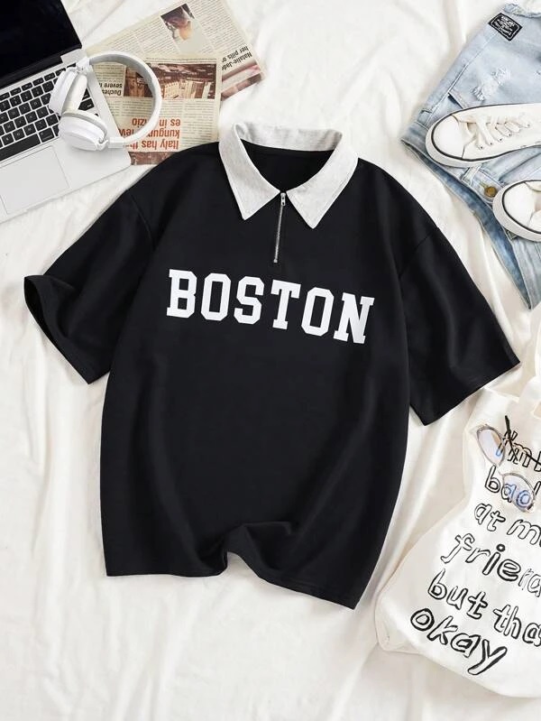 Áo thun đen cổ xám chữ Boston YF200 size lớn