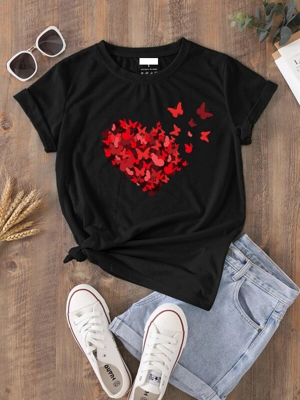 Áo thun đen hình trái tim bướm đỏ C005 size XL