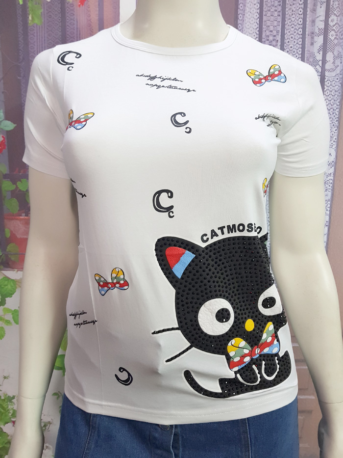 Áo thun màu trắng in hình mèo đen to kim sa size XL