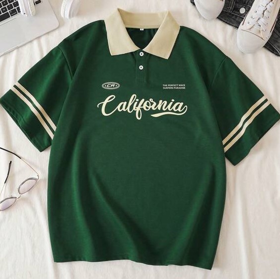 Áo thun xanh lục cổ bẻ chữ California YF198 size lớn
