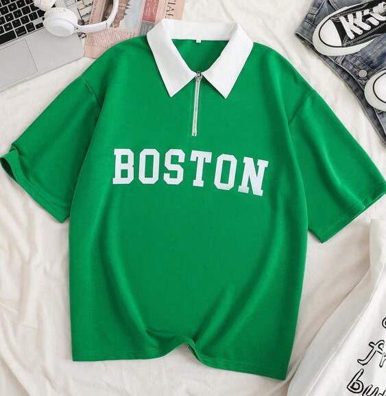 Áo thun xanh lá cổ trắng chữ Boston YF200 size lớn