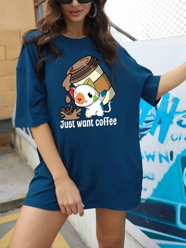 Áo thun xanh dương mèo Coffee S185 size lớn