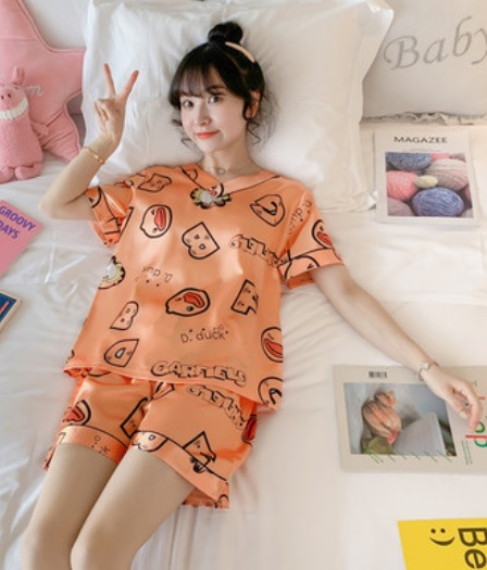 Bộ pijama short vải phi nền cam cổ tim in mèo gà lớn