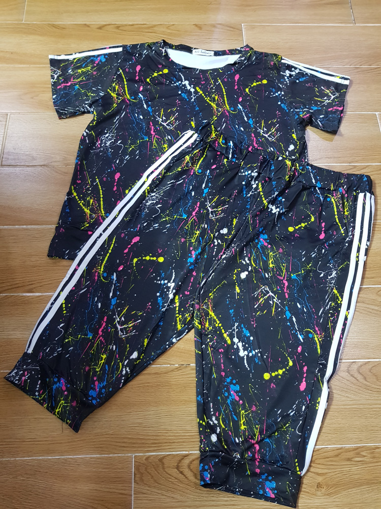 Bộ pijama thun quần lửng nền đen wash sơn size 3XL