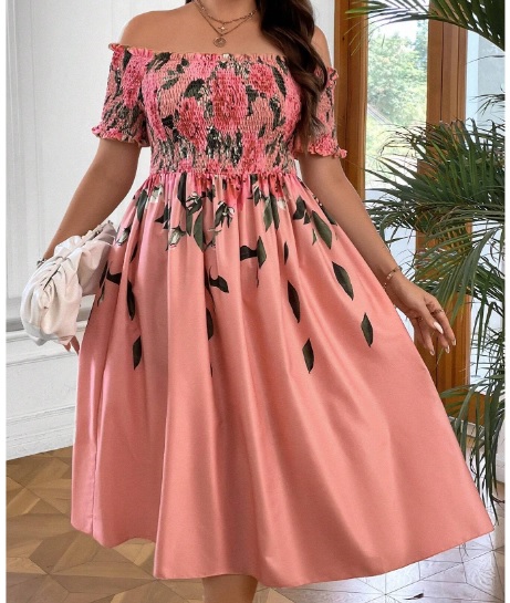 Đầm maxi hồng in hoa bẹt vai  91283 size lớn