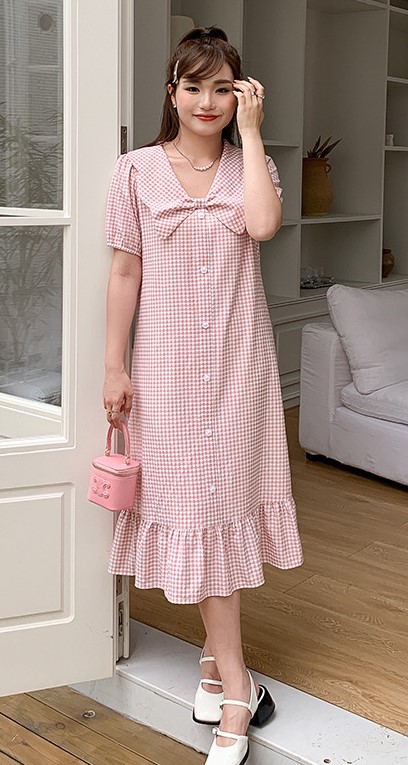 Đầm maxi suông caro hồng trắng 62486 size 5XL