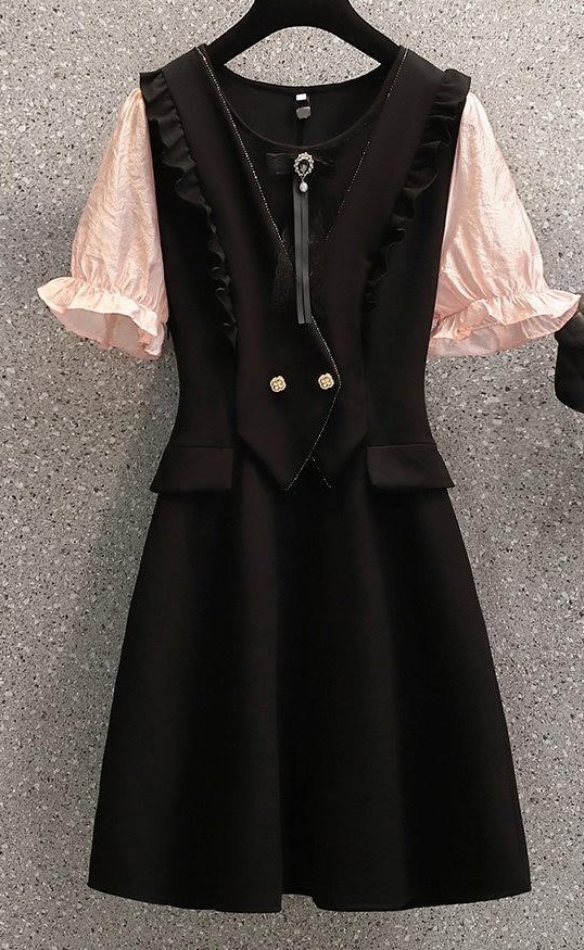 Đầm thun đen kiểu vest tay voan hồng 2259 size lớn
