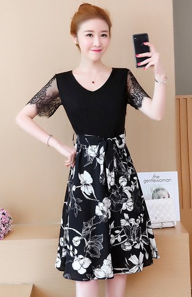 Đầm thun đen tay ren váy vải hoa xòe size lớn