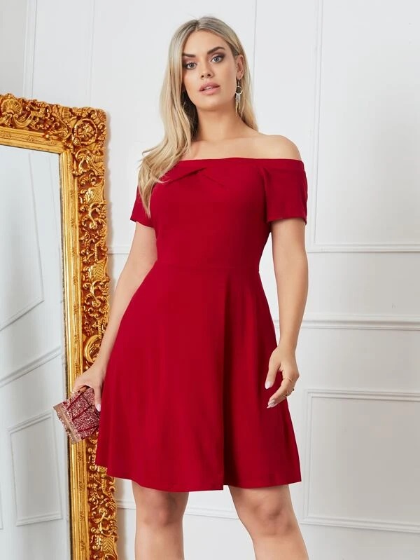 Đầm thun đỏ đô bẹt vai 6970 size lớn