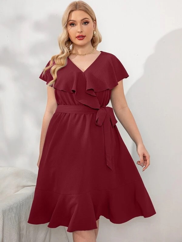 Đầm vải maxi đỏ đô bèo 6026 size lớn