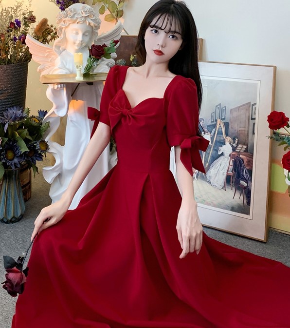 Đầm vải maxi màu đỏ đính nơ 8615 size lớn