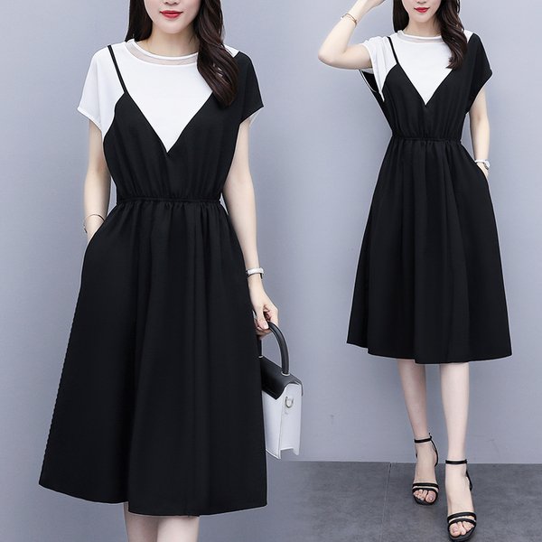 Đầm vải midi đen phối màu trắng vai 1 dây xẻ tà trước size lớn