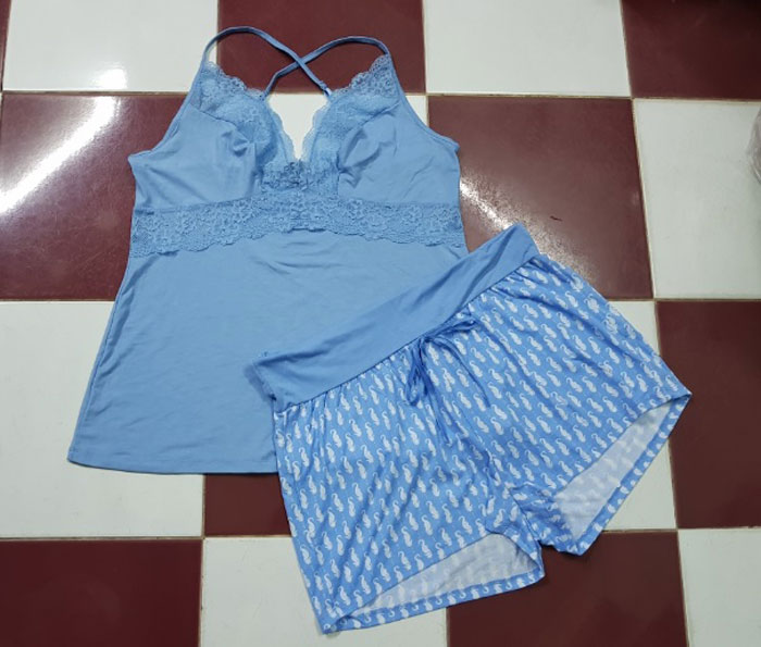 Đồ bộ short mặc nhà, mặc ngủ cotton xanh 2 dây in hình hải mã size 14 và size 16