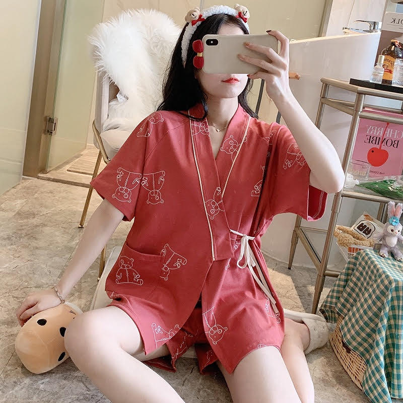 Đồ bộ thun kimono đỏ cam gấu size lớn