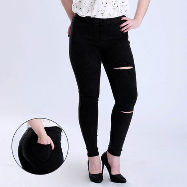Quần legging jean thun màu đen trơn rách size 2XL