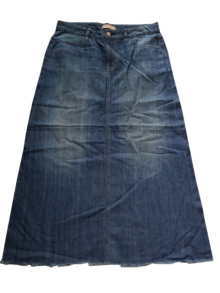 Váy jean trơn màu xanh đậm dáng dài lai tua size M